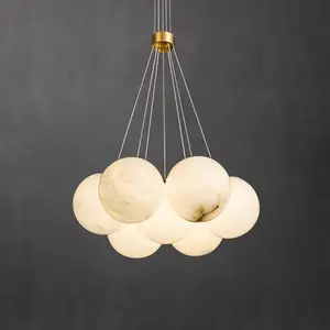 Lustre de suspensão de bola de alabastro, mini luminária de 5 globos de 16 polegadas de largura, luminária nórdica de bronze para cozinha e sala de jantar