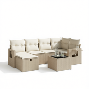 ชุดโซฟาสวนหวายเทียมสีเบจแบบโมดูลาร์ 6 ที่นั่ง เฟอร์นิเจอร์กลางแจ้ง ดีไซน์ร่วมสมัย - Product Image 1