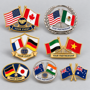 Épingles de revers personnalisées à double drapeau national, badges en émail dur or et argent, badges de partenariat international, fabricant OEM ODM - Product Image 1