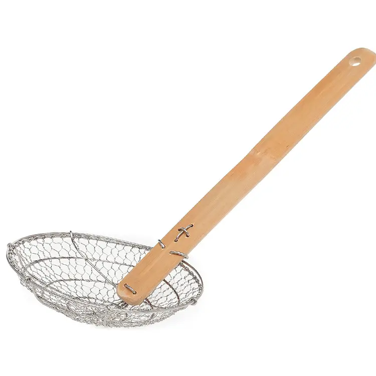 Dây Và Đồng Thau Thép Không Gỉ Spider Strainer Dây Thực Phẩm Nấu Ăn Skimmer Với Tay Cầm Tre Tự Nhiên