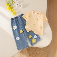 Ensemble décontracté pour filles, haut à imprimé floral d'été à col rond, pantalon en jean brodé