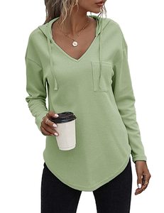 Hesayep Stock en gros automne <span class=keywords><strong>mode</strong></span> T-shirts femmes col en V à capuche à manches longues sweat cordon pull hauts - Product Image 1