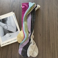 Chaussettes montantes pour femme Jingwen Oeko Tex100 en lurex pailleté, tricot côtelé métallisé brillant, personnalisables avec marque privée OEM