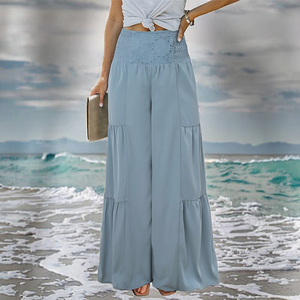 Pantalones de Pierna Ancha de Cintura Alta para Mujer, Color Sólido, Cintura Elástica, Estilo Bohemio, Corte Holgado, Pantalones de Gasa Largos para Verano - Product Image 3