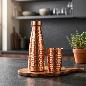 Juego de Botella de Agua de Cobre Martillado a Mano con Tapa y Vaso, Frasco Portátil Moderno para Beber en Casa - Product Image 1