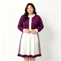 Robe midi rayée vintage deux pièces à col rond et manches longues pour femmes rondes, robe en tricot grande taille pour femmes