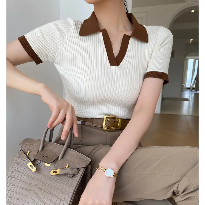 Women's T-shirt Polo Collar Short Sleeve Fashion Blouses 2024 Female Slim Knitted Tee White Skinny Casual Women Summer Tank Top