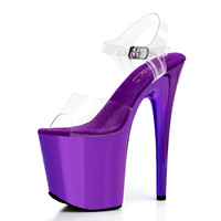 Sandales pour femmes à plateforme métallisées électroplaquées, semelle épaisse, talon fin, bout ouvert, bride à la cheville, talons hauts sexy de 20 cm (8 pouces) pour boîte de nuit