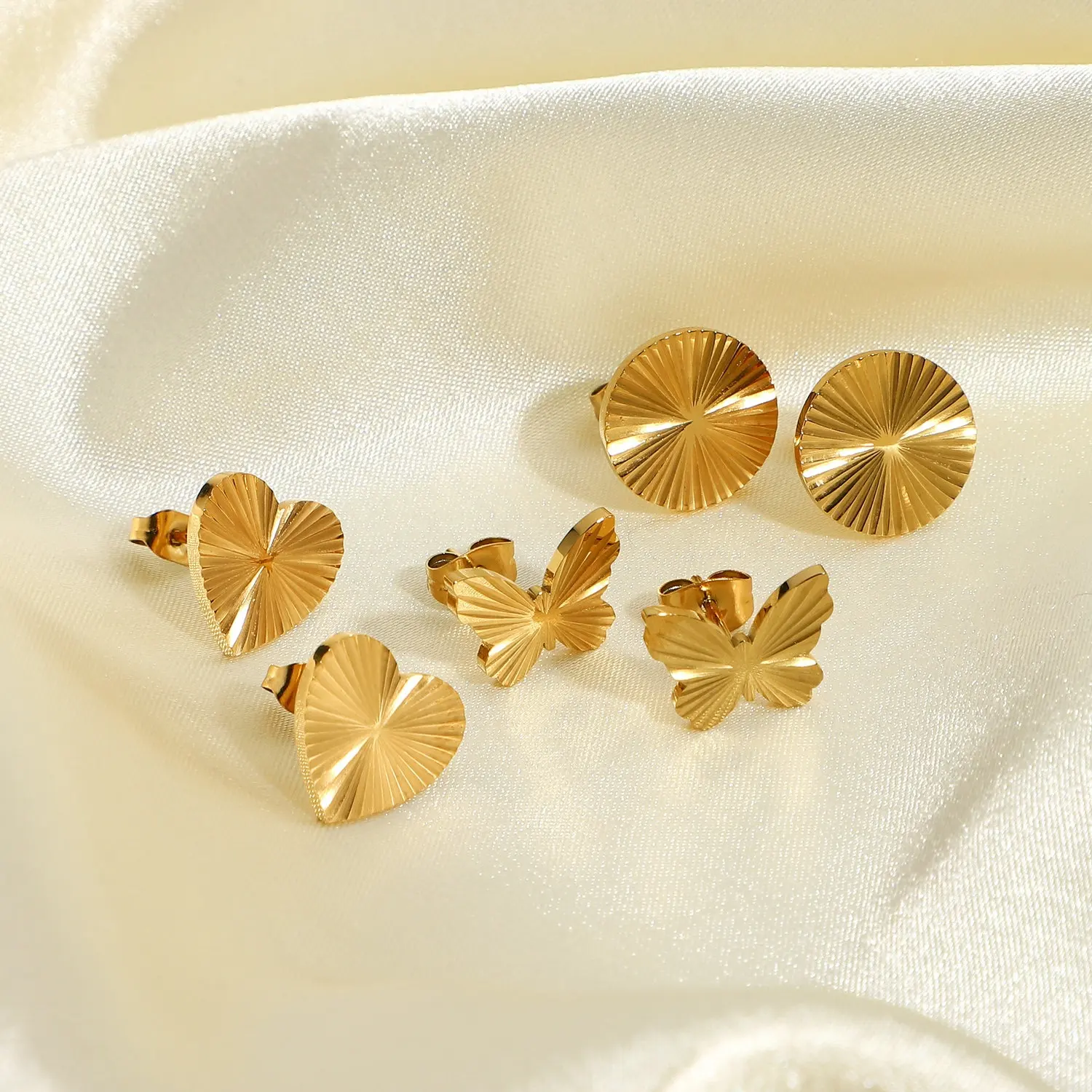 Butterfly Heart Round Sunburst Signet Earrings Diffuse Sunlight Jewelry Gold pvd coating Stainless Steel Stud Earring