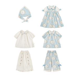 YOEHYAUL X4991 Conjunto de Verano para Niñas de 100% Algodón, Incluye Vestido con Bufanda y Conjunto de Pantalones con Camiseta a Cuadros y Bordado para Niñas de 1 a 8 Años - Product Image 2
