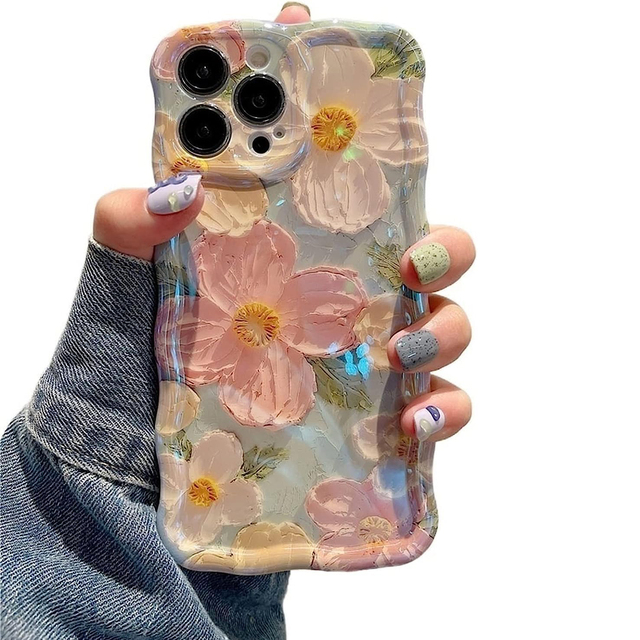 Colorful Retro Oil Painting Printed Flower Laser Glossy Pattern Wave Edge Stylish TPU Phone Case Cover for iPhone 13 14 15 16 17