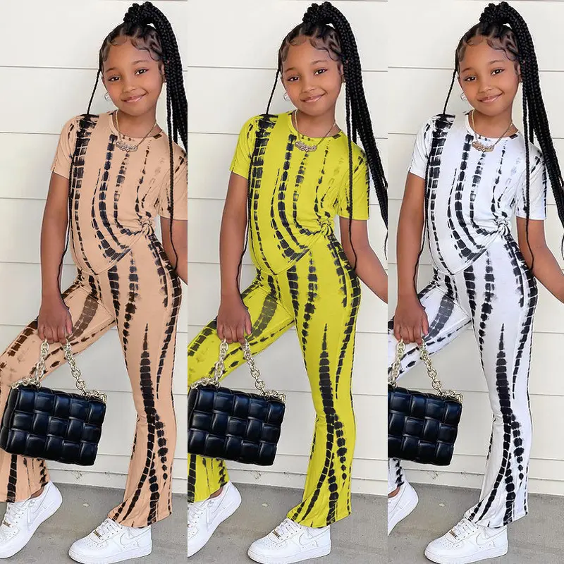 2022 wholesale summer new Fashion Kids Clothes baby girls stripes mix print short sleeve tops 2pcs clotnes set for kids