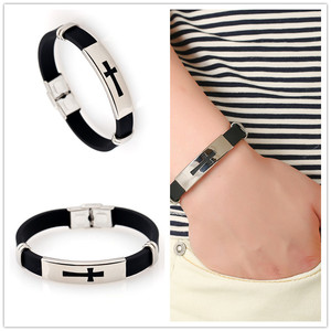 Fashion Trendy Casual <b>Men's</b> Religious Jewelry Gift Stainless Steel No Fade Cross Black Silicone Strap <b>Bangle</b> - Product Image 2