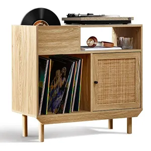 Living Room Record Player Stand Display Shelf Rack Rattan Wood Books Vinyl Record Holder Storage Table