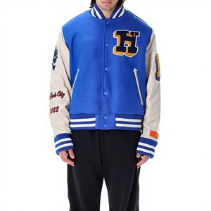 Chaqueta Varsity Azul Sólida de Lona Personalizada para Hombre, Cuello Alto, Logotipo Frontal, Corte Regular, Transpirable, Estilo Preppy, Ropa de Abrigo para Otoño - Product Image 1