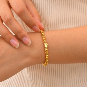 Bracelets en chaîne perlée avec breloque cœur en acier inoxydable plaqué or, bijoux pour femmes, vente en gros - Product Image 4