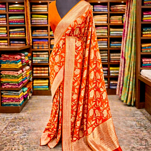 <b>Orange</b> Floral Silk <b>Saree</b> With Golden Border Traditional Indian Wedding Wear For Women Floor Length Regular Fit All Seasons - Product Image 1