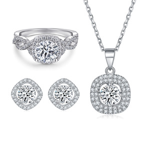 ชุดเครื่องประดับเงินแท้ 925 ประดับเพชร CZ สีเขียวทรงมรกต สไตล์เรโทรหรูหรา ชุดสร้อยคอ ต่างหู แหวน เหมาะสำหรับชุดราตรี - Product Image 1