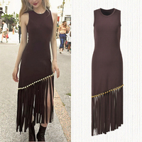 Robe midi élégante pour femme, style Sandro, sans manches, tissée, col à franges, respirante, décontractée, pour un usage quotidien, printemps-automne