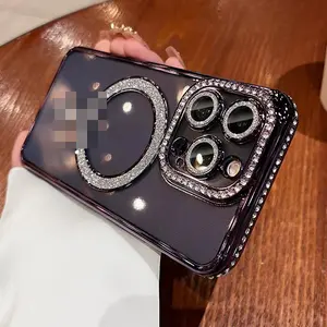 Fashion Magnetic Lens Protect Bling Phone Cover for iPhone 15 Pro Max Diamond Transparent Cell Phone Case