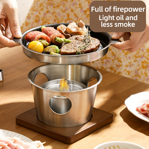 Réchaud à alcool portable en acier inoxydable avec poêle grill antiadhésive sans fumée, mini-cuisinière avec base en bois pour steak, barbecue et <span class=keywords><strong>fondue</strong></span> - Product Image 1