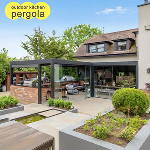 Pérgola de cocina al aire libre moderna de grano de madera de diseño elegante unida <span class=keywords><strong>a</strong></span> la <span class=keywords><strong>pared</strong></span> con parrilla de barbacoa Gazebo para mejorar el espacio al aire libre - Product Image 5