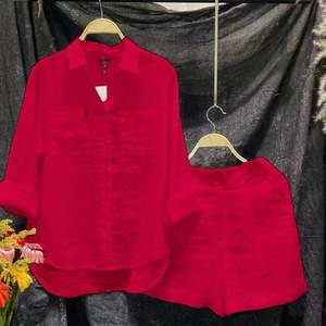 Ensemble en lin pour femmes, vente en gros, ensemble décontracté deux pièces pour femmes, couleur unie, haut à manches longues, short décoratif, grande <span class=keywords><strong>taille</strong></span> 4XL - Product Image 3