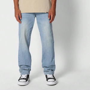 Jeans en denim bleu délavé pour hommes, pantalons décontractés à jambes larges et droites avec coupe ample à taille moyenne pour la mode du printemps et de l'automne, vente en gros - Product Image 1