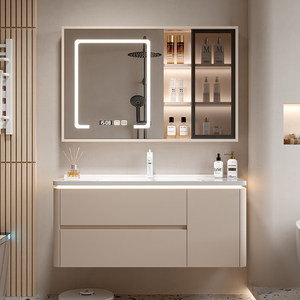 Rounded cream style ceramic integrated basin intelligent lighting mirror storage cabinet bathroom cabinet - Product Image 5
