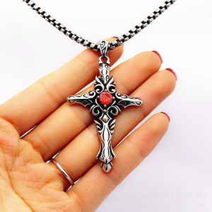 yunnique Gothic Cross Pendant Necklace <b>Titanium</b> Steel Red Stone Bezel Setting Gift Jewelry - Product Image 3