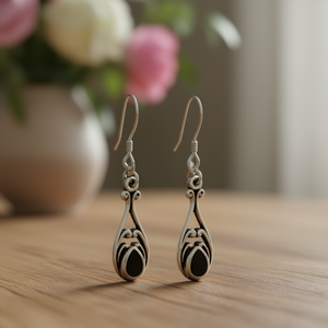 Pendientes colgantes de plata tibetana vintage con bisel de piedra de ónix para mujer, joyería de moda chapada en oro blanco - Product Image 2