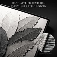 Peinture murale texturée en impasto, motif feuille botanique monochrome, style moderne et organique, sur toile, pour décoration de salon ou de bureau