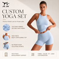 Ensemble 2 pièces JIEJIN pour femme : Haut court côtelé à col halter et short de cycliste amincissant à contrôle abdominal, idéal pour le Pilates et la gym