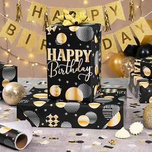Papier cadeau d'anniversaire avec impression or noir, ballons avec inscription Joyeux Anniversaire, découpe personnalisable. - Product Image 1