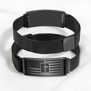 Stainless Steel <b>Couple</b> <b>Bracelet</b> Adjustable <b>Magnetic</b> Mesh Band With American Flag Cross Design Unisex Jewelry Gift - Product Image 1