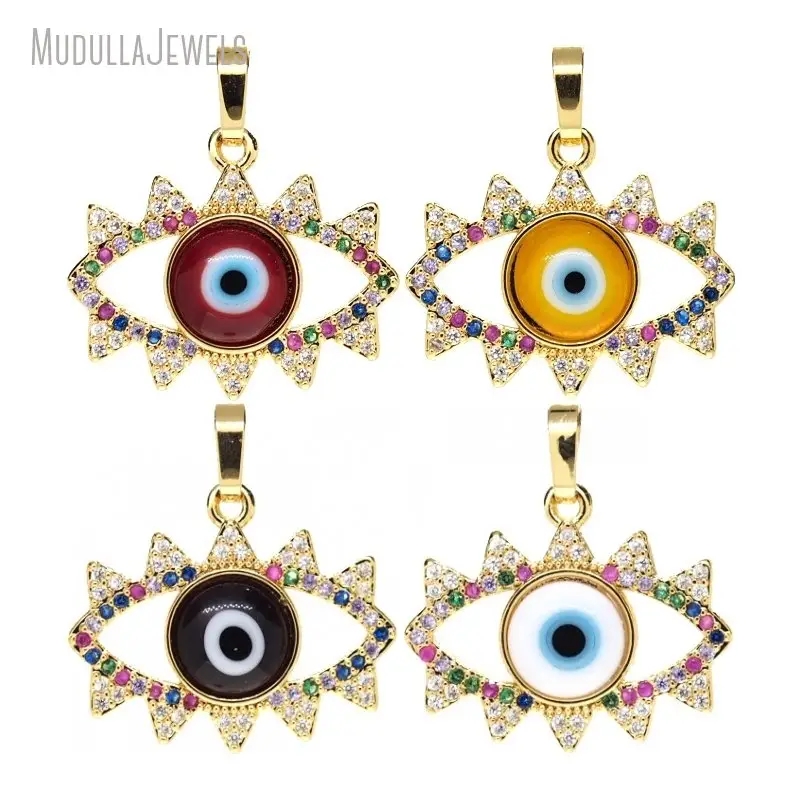 PM46097 Copper Jewelry Multi Color Turkish Eye Pendant For Necklace With Cubic Zirconia Paved Gold Plated Minimalist Gift