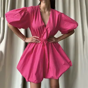 Enyami Zomer Hot Sale 2024 Elegante V-Hals Casual Jurk Wit Roze Katoen Vrouwen Poff Mouw A-Line Jurken