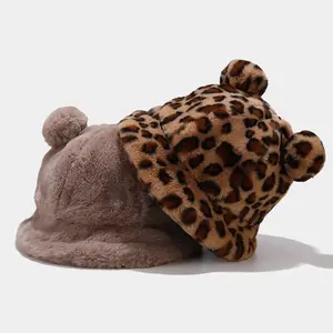 Wholesale bucket hat bear ears-Free shipping Amazon Hot Selling Fashion Cute Faux Rabbit Fur Women Bucket Hats Fuzzy Leopard Print Winter Bucket Hats