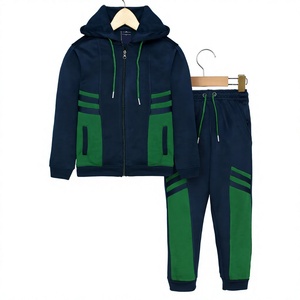 <b>Boys</b> Navy Green Color Blocking Hooded Tracksuit Full Length Casual Regular Fit With Side Pockets Autumn Style Zipper Closure - Product Image 1