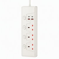 Stop Kontak Industri AOTA UK dengan Sakelar Individual, Kabel Ekstensi 4 Arah, 2 USB-A, 2 USB-C, 13A, 3250W, Pelindung Lonjakan Arus, untuk Rumah dan Kantor, Bersertifikasi CE