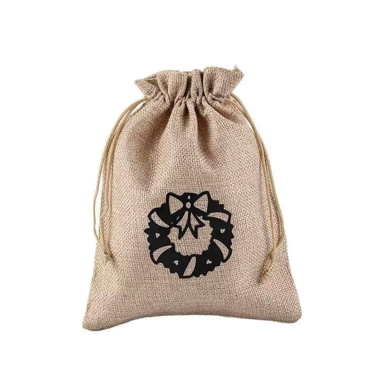 Natural eco-friendly jute packaging christmas drawstring gift bag with customized logo