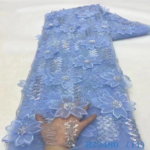 High Quality Premium Lace <strong>Fabric</strong> 3D <strong>Flower</strong> Lace With Beads and Pearls Mesh 3D Lace With High End <strong>Embellishments</strong> - Product Image 1