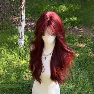 วิกผมยาวหยักศกสีแดงกุหลาบแบบเต็มศีรษะ พร้อมหน้าม้าปัดข้าง สำหรับผู้หญิง คอสเพลย์ แฟชั่น เสริมความงาม - Product Image 3