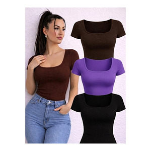 Top Corto de Mujer con Cuello Cuadrado y Manga Corta, Blusa de Punto Acanalado, Camiseta de Algodón Suave - Product Image 4