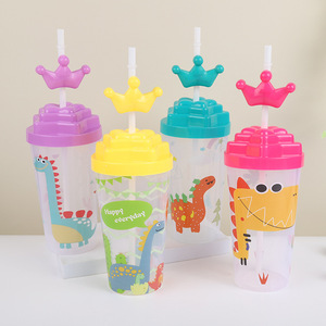 Cartoon Dinosaur Pattern PP Plastic <b>Straw</b> Cup 400ml/600ml <b>Reusable</b> for Children Daily & Party Use - Product Image 1