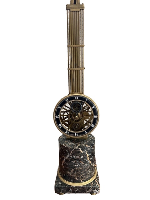 French Style Mystery Pinwheel Upside Down Antique Bronze Skeleton Hanging Swing Pendulum Mechanical Clock with Black Marble Base