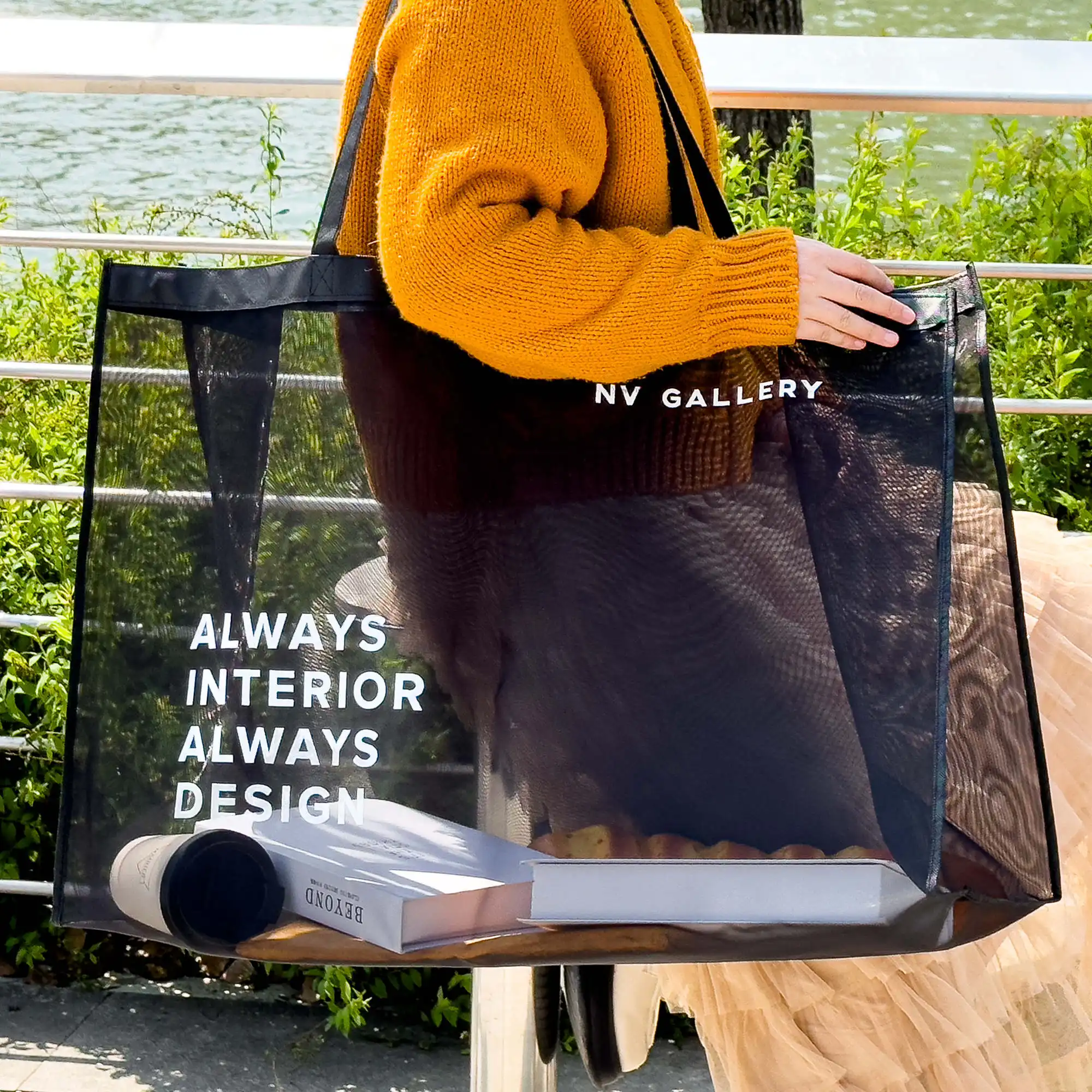 ナイロンメッシュバッグカスタマイズロゴ透明ブラックナイロンメッシュビーチショッピングトートバッグ