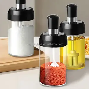 Chine gros 250ml bocal en verre étanche à l'air épices Condiment sel assaisonnement miel bouteille de stockage avec cuillère/brosse à huile/louche miel