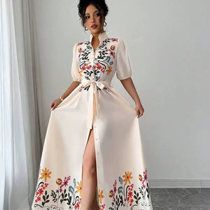 Vestido Largo Bohemio Vintage de Línea A, Tejido 100% Algodón, Manga Corta, Solapa Bordada, Cintura Natural, Tinte Liso, Lavable, con Bolsillos - Product Image 1