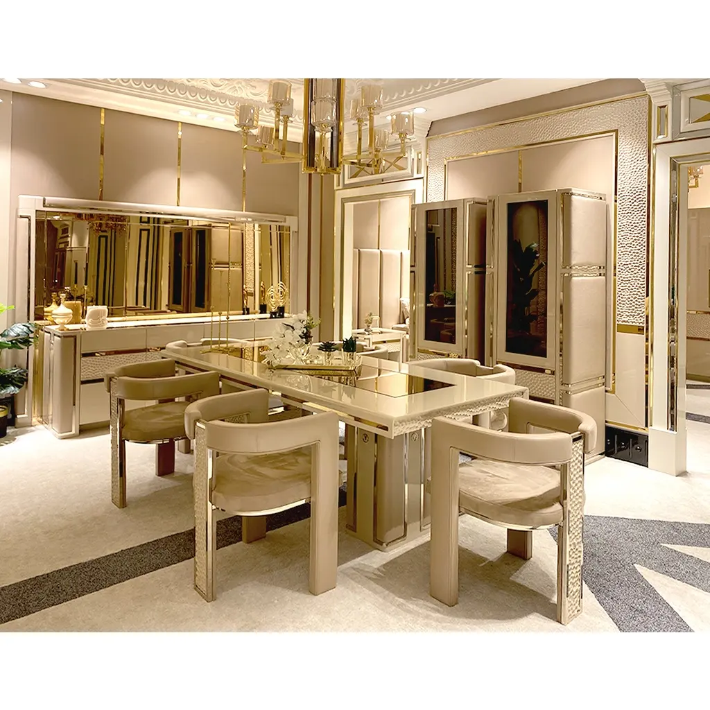 Stile italiano di lusso di fascia alta turco reso soggiorno europeo moderno Set di mobili tavolo da pranzo in metallo oro gambe sedie